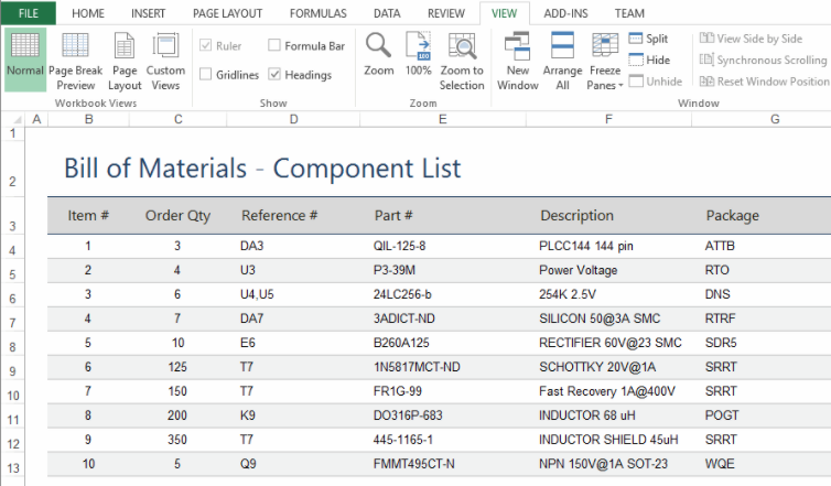 bill example: showing list of components sorted by id with quantity, reference, name, description and type of package 