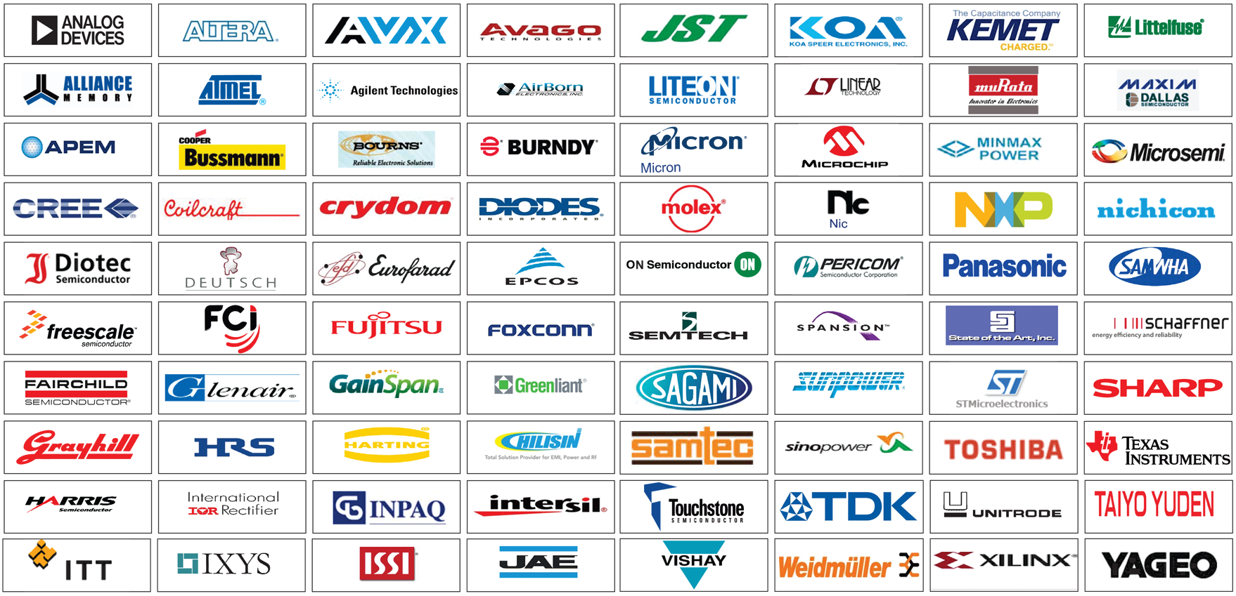 The 80 brands we offer alternatives for. This are: Analog Devices, Altera, AVX, Avago Technologies, Alliance Memory, Atmel, Agilent Technologies, AirBorin Electronics Inc, Apem, Cooper Bussman (now Eaton), Bourns Reliable Electronic Solutions, Burndy, Cree, Coilcraft. Crydom, Diodes Incorporated, Diotec Semiconductor, Deutsch, Eurofarad, Epcos, Freescale Semiconductor, FCI, Fujitsu, Foxconn, Fairchild Semiconductor, Glenair, Gainspan, Greenliant, Grayhill, HRS, Harting, Hilisin, Harris Semiconductor, International Ior Rectifier, Inpaq, Intersil, ITT, IXYS, ISSI, JAE, JST, KOA Speer Electronics Inc, Kemet Charged, Littlefuse, LiteOn Semiconductor, Linear Technology, muRata, Maxim Dallas Semiconductor, Micron, Microchip, Minmax Power, Microsemi, Molex, Nic, NXP, Nichicon, On Semiconductor, Pericom Semiconductor Corporation, Panasonic, Samwha, Semtech, Spansion, State of the Art Inc, Schaffner, Sagami, Sunpower, STMicroelectronics, Sharp, Samtec, Sinopower, Toshiba, Texas Instrumens, Touchstone Semiconductor, TDK, Unitrode, Taiyo Yuden, Vishay, Weidmüller, Xilinx and Yageo.
